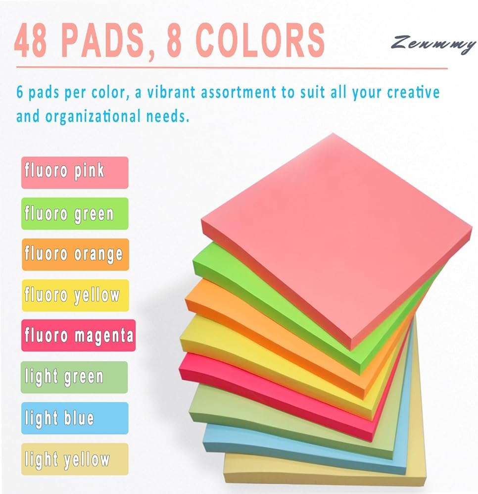Zenmmy Sticky Notes 3x3 Inches, Self-Stick 48 Pads Bulk, 8 Bright Colors, Colorful Self-Adhesive Notes Pads for Home, School, Office, Notebook, 75 Sheets/Pad - Image 5