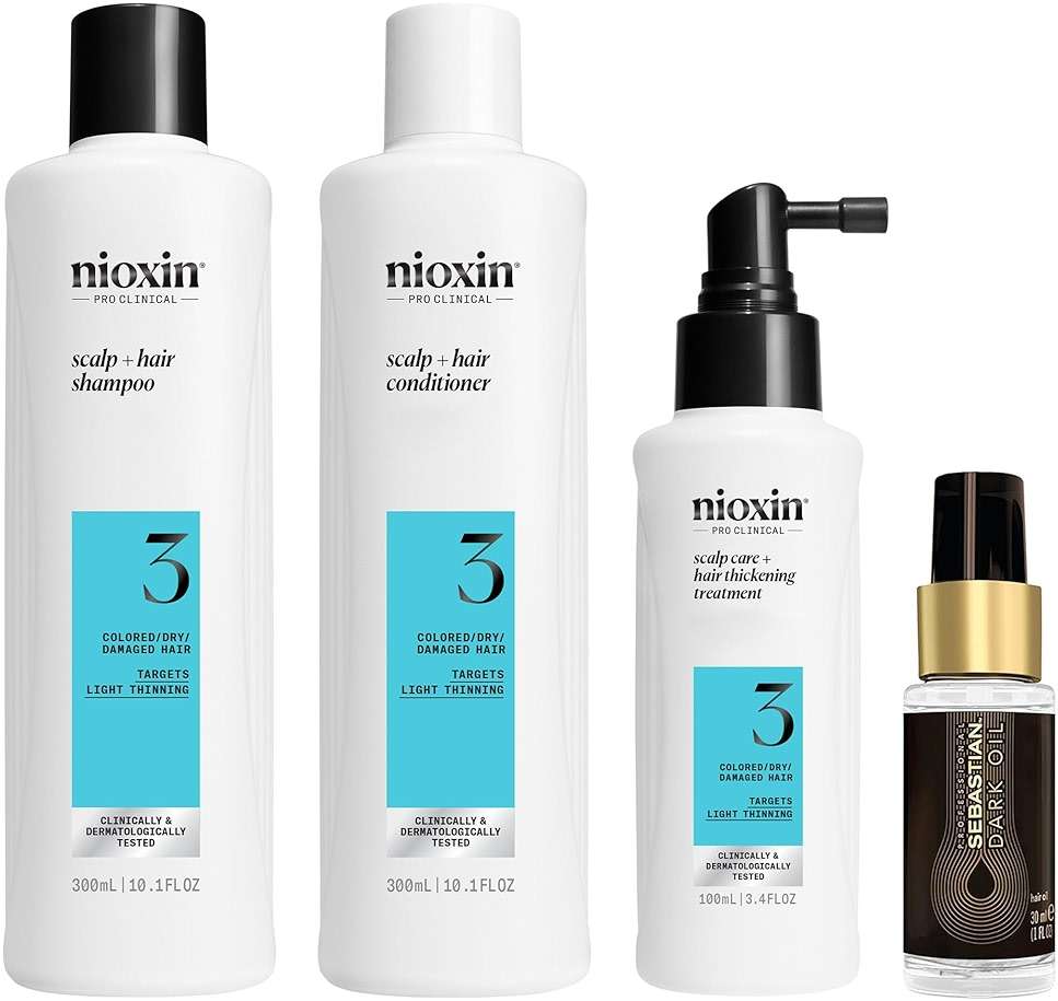 Nioxin Scalp + Hair Thickening System 3 Kit | For Colored, Dry, & Damaged-Hair with Light Thinning | Cleanse, Condition, & Treat + Sebastian Professional Dark Oil Lightweight Styling| Bundle - Image 1