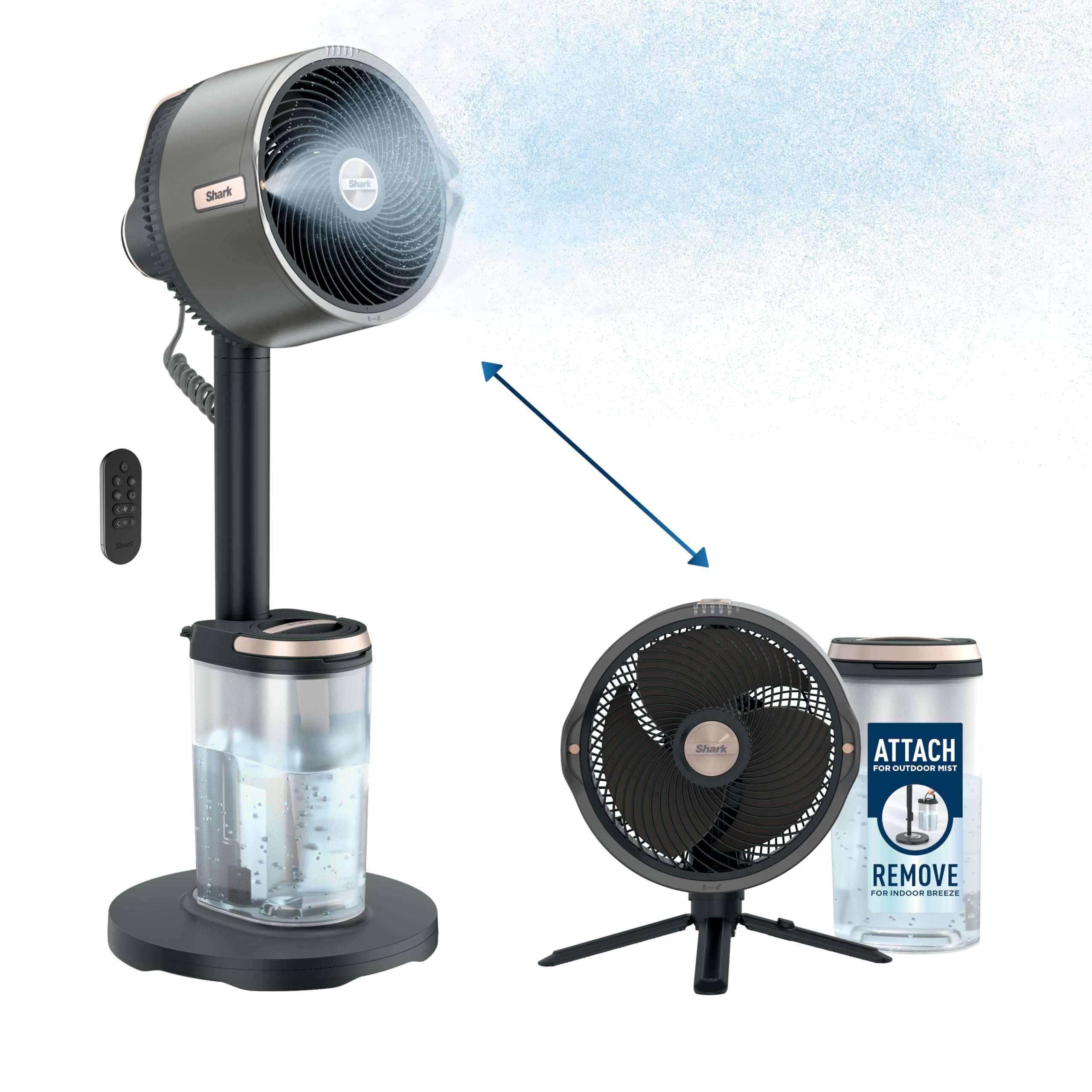 Shark FlexBreeze Pro Mist Fan, Indoor & Outdoor Oscillating Cooling Fan with Misting for Home & Patio, Floor & Tabletop, Portable Cordless & Corded, 24Hr Battery, Remote, Charcoal Grey, FA302​ - Image 1