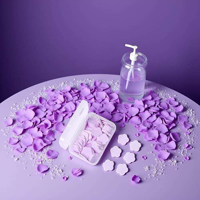 SquarezhenBo 100 Sheets Disposable Paper Soap with Box,Hand Wash Cute Petal Soap Sheets Hand Bath Toiletry Paper Soap Flakes for Portable Travel Hiking Washing,Foot and Care (100, Purple) - Image 2