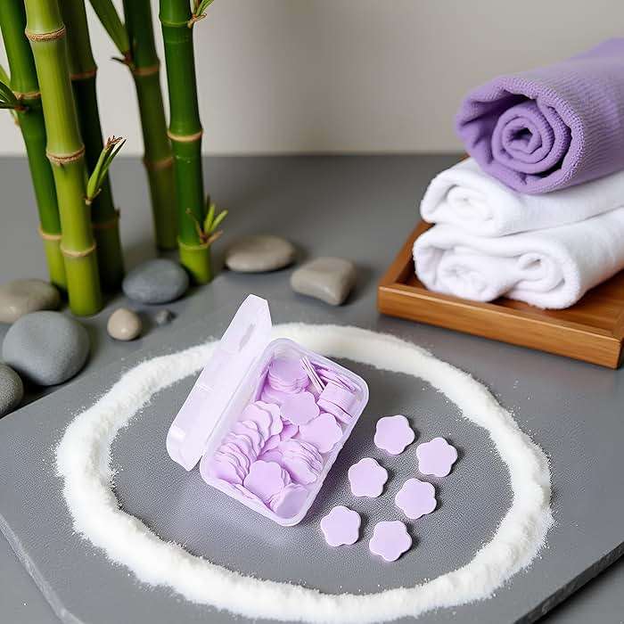 SquarezhenBo 100 Sheets Disposable Paper Soap with Box,Hand Wash Cute Petal Soap Sheets Hand Bath Toiletry Paper Soap Flakes for Portable Travel Hiking Washing,Foot and Care (100, Purple) - Image 3