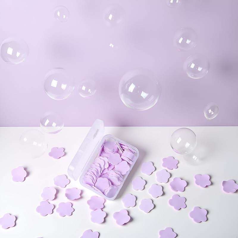 SquarezhenBo 100 Sheets Disposable Paper Soap with Box,Hand Wash Cute Petal Soap Sheets Hand Bath Toiletry Paper Soap Flakes for Portable Travel Hiking Washing,Foot and Care (100, Purple) - Image 4