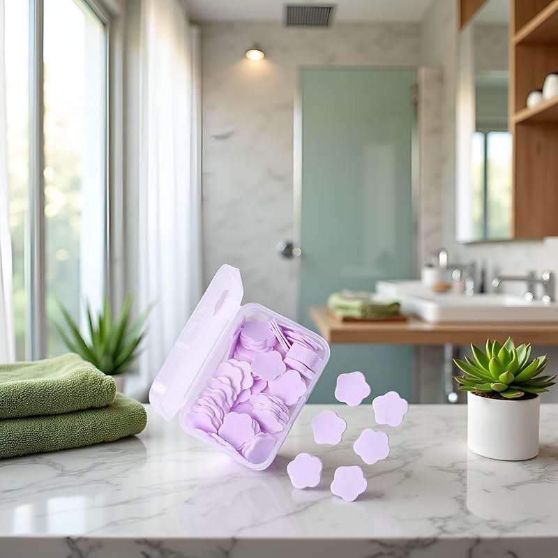 SquarezhenBo 100 Sheets Disposable Paper Soap with Box,Hand Wash Cute Petal Soap Sheets Hand Bath Toiletry Paper Soap Flakes for Portable Travel Hiking Washing,Foot and Care (100, Purple) - Image 8