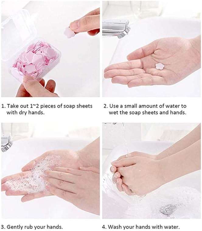 SquarezhenBo 100 Sheets Disposable Paper Soap with Box,Hand Wash Cute Petal Soap Sheets Hand Bath Toiletry Paper Soap Flakes for Portable Travel Hiking Washing,Foot and Care (100, Purple) - Image 9
