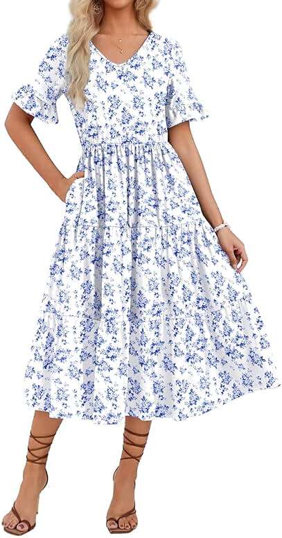 ZEAGOO Women's Summer Dresses Midi Tiered Casual Dress Floral V Neck Ruffle Short Sleeve Flowy Beach Dress with Pockets - Image 1