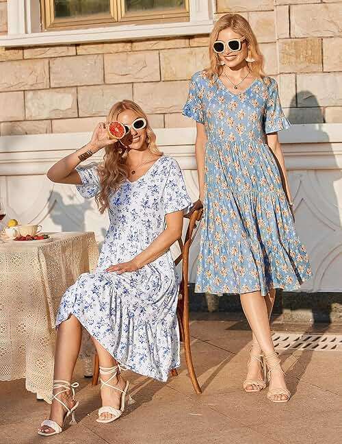 ZEAGOO Women's Summer Dresses Midi Tiered Casual Dress Floral V Neck Ruffle Short Sleeve Flowy Beach Dress with Pockets - Image 3