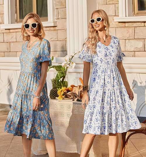 ZEAGOO Women's Summer Dresses Midi Tiered Casual Dress Floral V Neck Ruffle Short Sleeve Flowy Beach Dress with Pockets - Image 4
