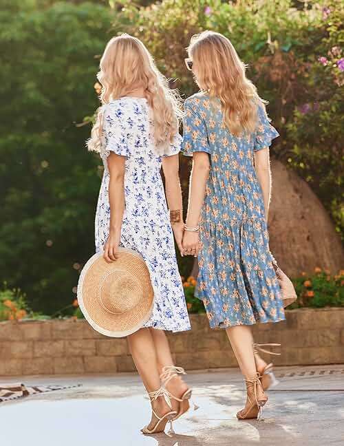 ZEAGOO Women's Summer Dresses Midi Tiered Casual Dress Floral V Neck Ruffle Short Sleeve Flowy Beach Dress with Pockets - Image 6