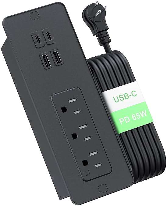 Drawer Outlet with PD 65W USB C, Recessed Power Strip with 3 Outlets 4 USB Ports, Recessed Outlet with 2M Flat Plug Cable for Side Table Sofa Table, Black - Image 1