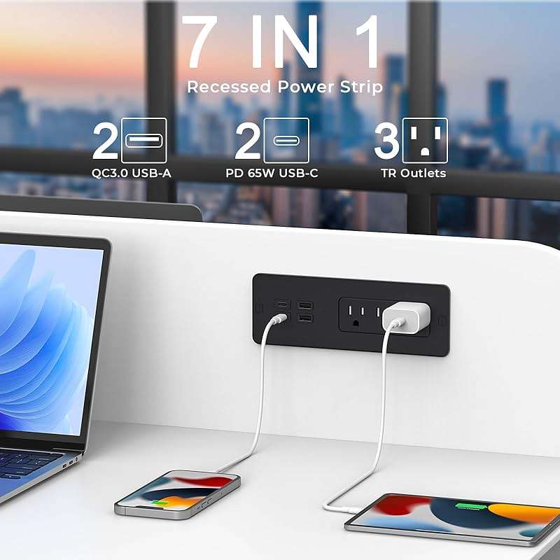 Drawer Outlet with PD 65W USB C, Recessed Power Strip with 3 Outlets 4 USB Ports, Recessed Outlet with 2M Flat Plug Cable for Side Table Sofa Table, Black - Image 2