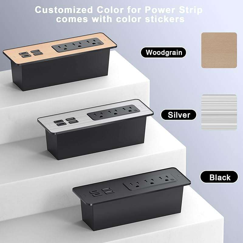 Drawer Outlet with PD 65W USB C, Recessed Power Strip with 3 Outlets 4 USB Ports, Recessed Outlet with 2M Flat Plug Cable for Side Table Sofa Table, Black - Image 3