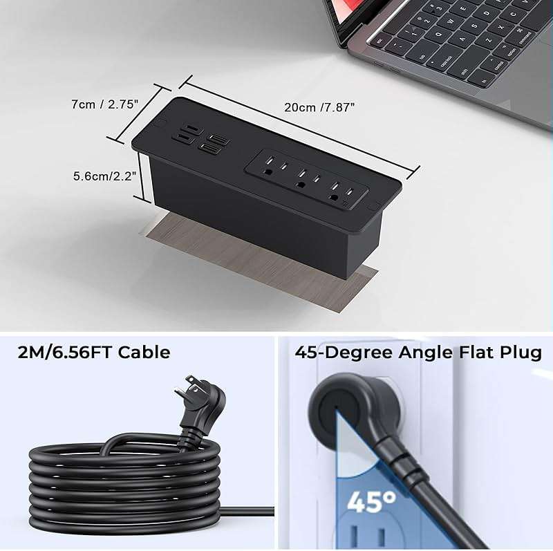Drawer Outlet with PD 65W USB C, Recessed Power Strip with 3 Outlets 4 USB Ports, Recessed Outlet with 2M Flat Plug Cable for Side Table Sofa Table, Black - Image 6