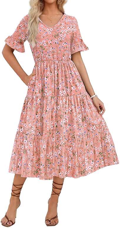 ZEAGOO Women's Summer Dresses Midi Tiered Casual Dress Floral V Neck Ruffle Short Sleeve Flowy Beach Dress with Pockets - Image 1