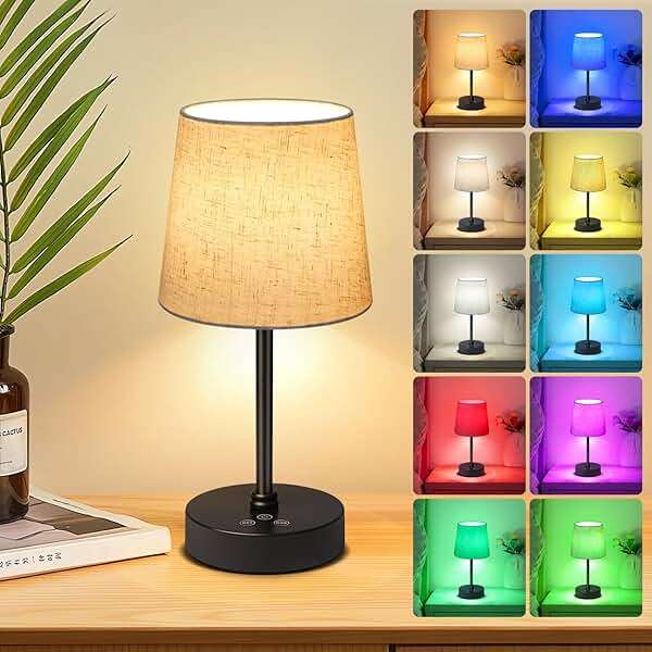 Wowag Small Cordless Table Lamp,5000mAh Rechargeable Battery Operated Desk Lamp,3 Colors & 7 RGB Stepless Dimmable, Portable Touch Fabric Shade LED Night Light for Bedroom Restaurant Home(Flaxen) - Image 1