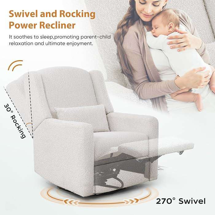 SENYUN Power Recliner Chair Swivel Glider, Large Rocker Recliner w/USB Charging Port, Boucle Upholstered Swivel Rocker Glider Recliner for Nursery,Bedroom,Living Room, 1PC, Cream - Image 2