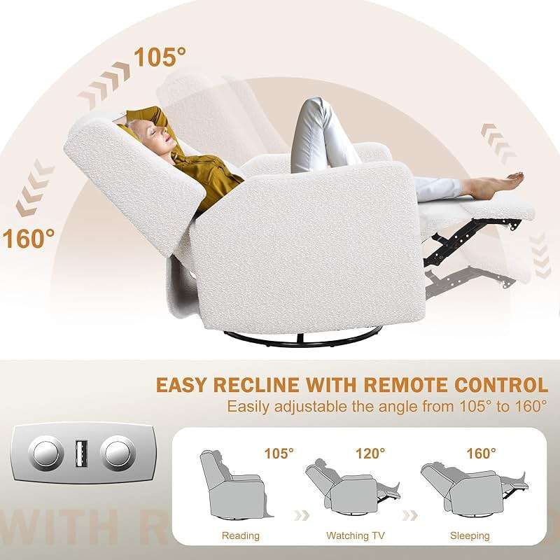 SENYUN Power Recliner Chair Swivel Glider, Large Rocker Recliner w/USB Charging Port, Boucle Upholstered Swivel Rocker Glider Recliner for Nursery,Bedroom,Living Room, 1PC, Cream - Image 4