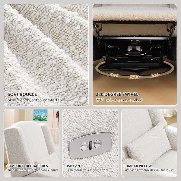 SENYUN Power Recliner Chair Swivel Glider, Large Rocker Recliner w/USB Charging Port, Boucle Upholstered Swivel Rocker Glider Recliner for Nursery,Bedroom,Living Room, 1PC, Cream - Image 5