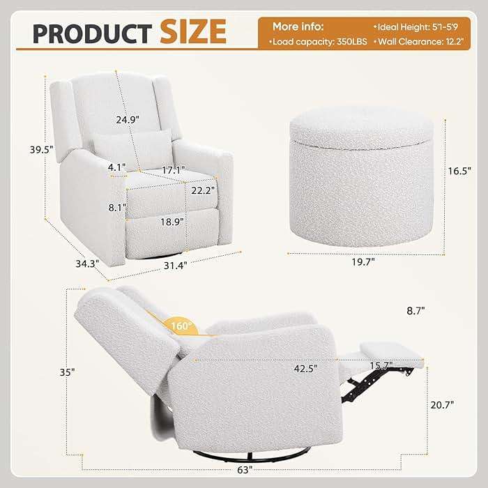 SENYUN Power Recliner Chair Swivel Glider, Large Rocker Recliner w/USB Charging Port, Boucle Upholstered Swivel Rocker Glider Recliner for Nursery,Bedroom,Living Room, 1PC, Cream - Image 6