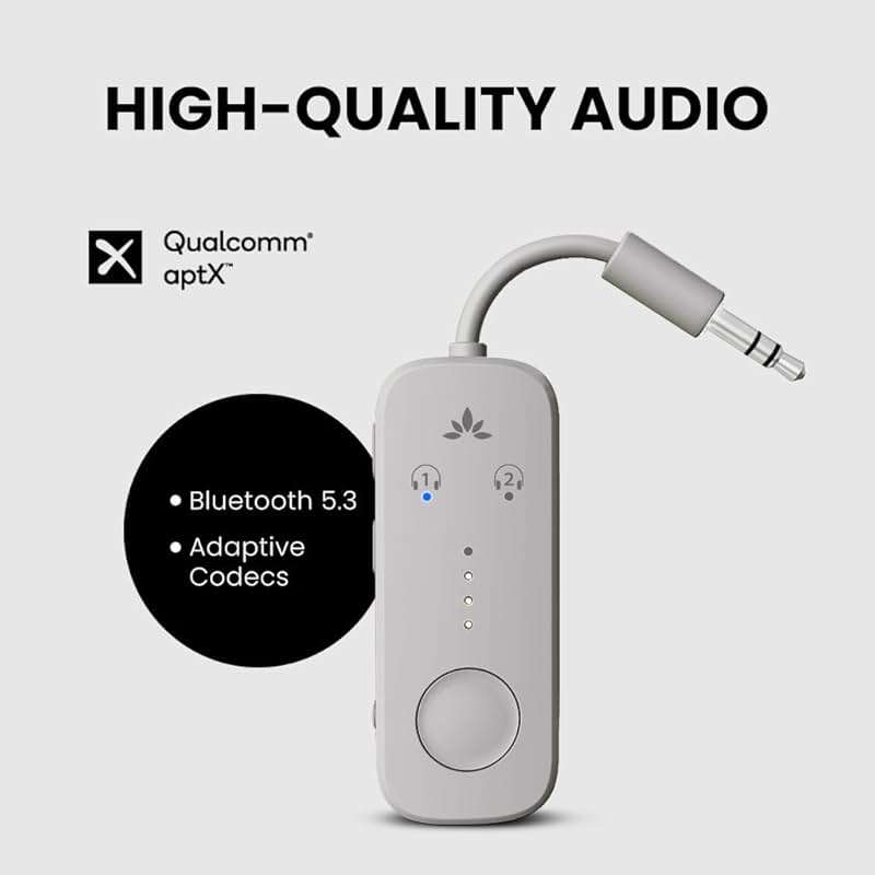 Avantree Relay – Airplane Bluetooth Adapter for AirPods, Bose & Wireless Headphones, Qualcomm Chip, aptX Adaptive & HD Audio Transmitter, 25Hrs Battery, 3.5mm AUX for Flight, Travel & Gym - Image 3