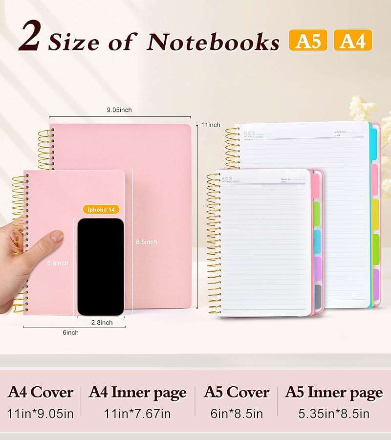 5 Subject Notebook College Ruled 240 Pages, A5(5.8"x8.3") Hardcover Spiral Notebook with Removable Pocket Dividers Tabs, Lined Spiral Journal Notebook for Women, Notebooks for Work School Note taking Pink - Image 2