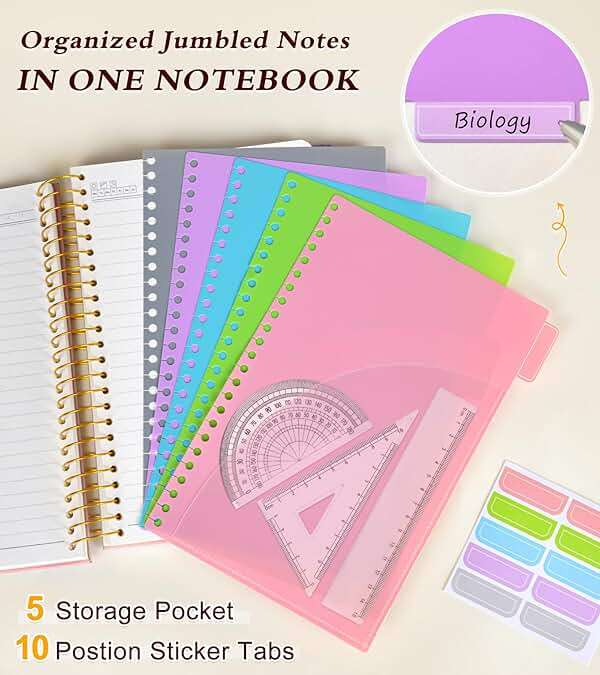 5 Subject Notebook College Ruled 240 Pages, A5(5.8"x8.3") Hardcover Spiral Notebook with Removable Pocket Dividers Tabs, Lined Spiral Journal Notebook for Women, Notebooks for Work School Note taking Pink - Image 3