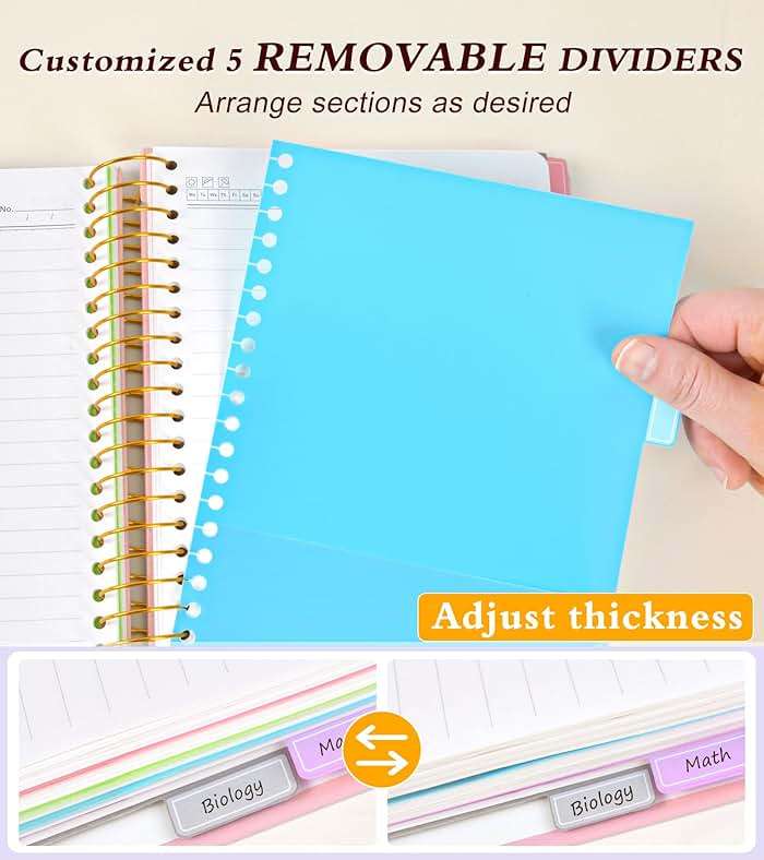5 Subject Notebook College Ruled 240 Pages, A5(5.8"x8.3") Hardcover Spiral Notebook with Removable Pocket Dividers Tabs, Lined Spiral Journal Notebook for Women, Notebooks for Work School Note taking Pink - Image 4