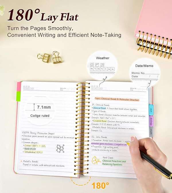 5 Subject Notebook College Ruled 240 Pages, A5(5.8"x8.3") Hardcover Spiral Notebook with Removable Pocket Dividers Tabs, Lined Spiral Journal Notebook for Women, Notebooks for Work School Note taking Pink - Image 7