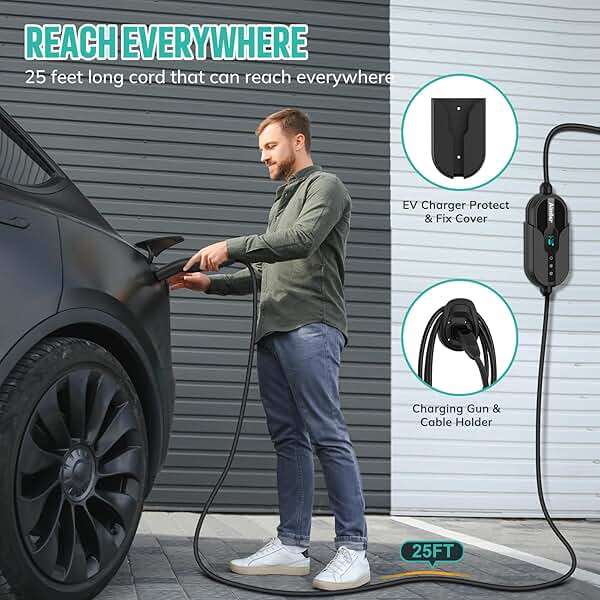 AIMILER Level 1/2 Tesla Charger(WiFi APP/Plug-Play), Max 32A, 25ft Cable ETL Certified, Portable Electric Car EV Charger for Tesla Models Y/X/3/S or Nacs Connector EVs (240V Nema 14-50 Plug) - Image 5
