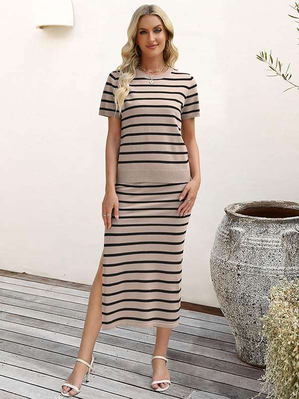 ANRABESS Womens 2 Piece Skirt Sets,Striped Knit Sweater Midi Dress,Comfy Cute,Lounge Casual Travel for Summer or Early Fall - Image 2