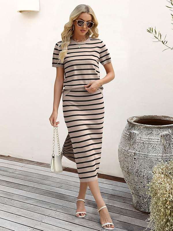 ANRABESS Womens 2 Piece Skirt Sets,Striped Knit Sweater Midi Dress,Comfy Cute,Lounge Casual Travel for Summer or Early Fall - Image 4