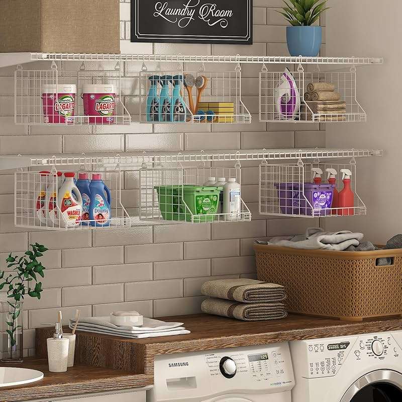 3-Tier Foldable Laundry Basket Organizer with Rotating Hooks - Space-Saving Over Washer and Dryer Shelf for Laundry Room Organization and Storage, Durable Wire Shelving Unit, White - Image 2