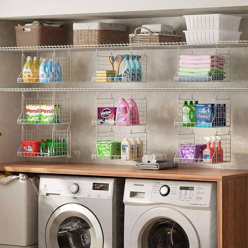 3-Tier Foldable Laundry Basket Organizer with Rotating Hooks - Space-Saving Over Washer and Dryer Shelf for Laundry Room Organization and Storage, Durable Wire Shelving Unit, White - Image 4