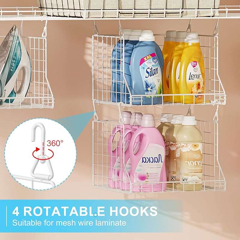 3-Tier Foldable Laundry Basket Organizer with Rotating Hooks - Space-Saving Over Washer and Dryer Shelf for Laundry Room Organization and Storage, Durable Wire Shelving Unit, White - Image 5