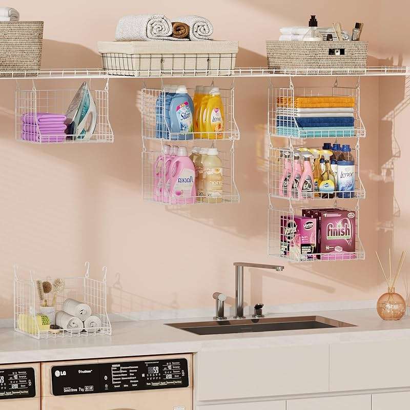 3-Tier Foldable Laundry Basket Organizer with Rotating Hooks - Space-Saving Over Washer and Dryer Shelf for Laundry Room Organization and Storage, Durable Wire Shelving Unit, White - Image 6
