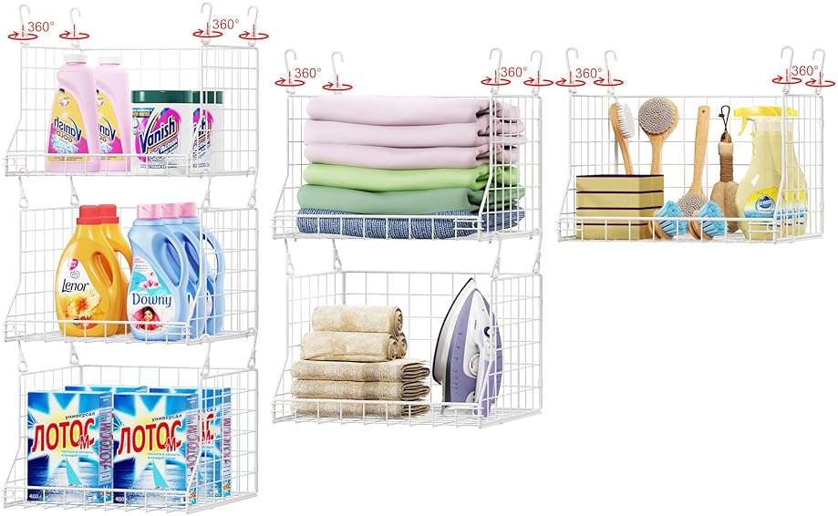 3-Tier Foldable Laundry Basket Organizer with Rotating Hooks - Space-Saving Over Washer and Dryer Shelf for Laundry Room Organization and Storage, Durable Wire Shelving Unit, White - Image 8