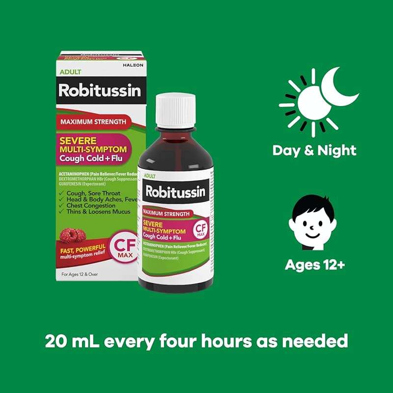 Robitussin Maximum Strength CF Max, Severe Multi-Symptom Daytime and Nighttime Relief from Cough, Cold, and Flu, Adult Formula, 8 fl oz - Image 5