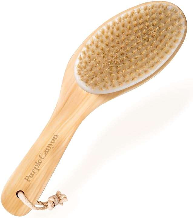 Purple Canyon Body Brush – Natural Boar Bristle Dry Brush for Exfoliating, Lymphatic Drainage, Cellulite Appearance, and Circulation – Curved Wooden Handle for Easy Back & Body Brushing - Image 1