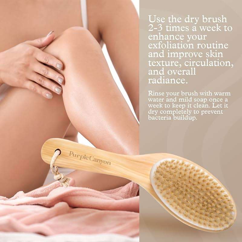 Purple Canyon Body Brush – Natural Boar Bristle Dry Brush for Exfoliating, Lymphatic Drainage, Cellulite Appearance, and Circulation – Curved Wooden Handle for Easy Back & Body Brushing - Image 6