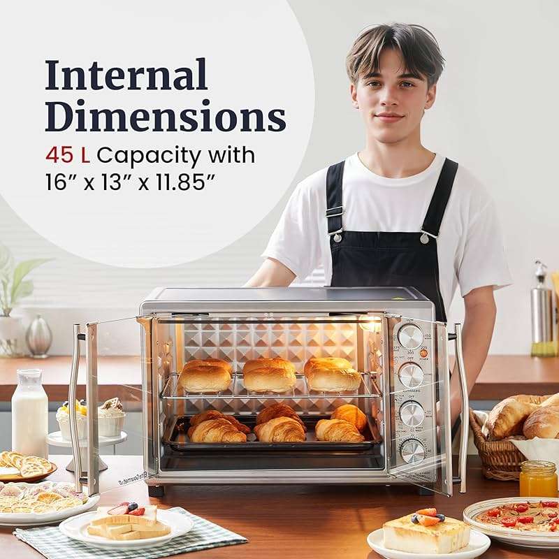 Elite Gourmet ETO4524 45L Countertop Convection Toaster Oven, French Doors, Adjustable Temperature & Timer, Bake, Roast, Broil, Toast, Includes Baking Pan, Rack, Rotisserie, Stainless Steel - Image 2