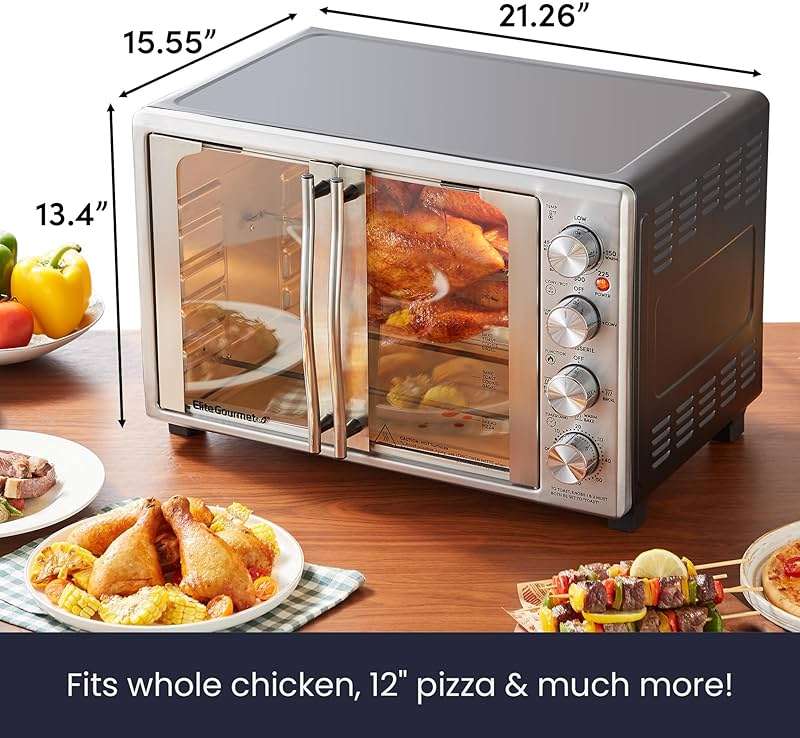 Elite Gourmet ETO4524 45L Countertop Convection Toaster Oven, French Doors, Adjustable Temperature & Timer, Bake, Roast, Broil, Toast, Includes Baking Pan, Rack, Rotisserie, Stainless Steel - Image 3