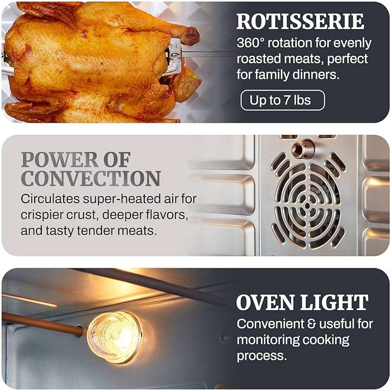 Elite Gourmet ETO4524 45L Countertop Convection Toaster Oven, French Doors, Adjustable Temperature & Timer, Bake, Roast, Broil, Toast, Includes Baking Pan, Rack, Rotisserie, Stainless Steel - Image 4