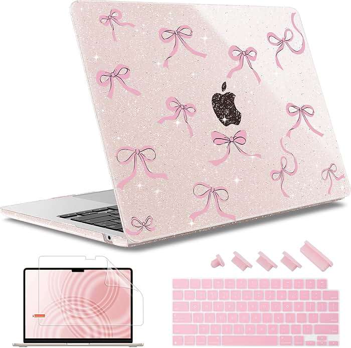 May Chen Case for MacBook Air 13/13.6 inch M5 A3449 M4 A3240 M3 A3113 M2 A2681, 2026 2025 2024-2022, Plastic Hard Shell with Keyboard Cover & Screec Protector, Sakura Pink Glitter Bow - Image 1