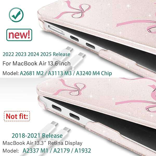 May Chen Case for MacBook Air 13/13.6 inch M5 A3449 M4 A3240 M3 A3113 M2 A2681, 2026 2025 2024-2022, Plastic Hard Shell with Keyboard Cover & Screec Protector, Sakura Pink Glitter Bow - Image 3