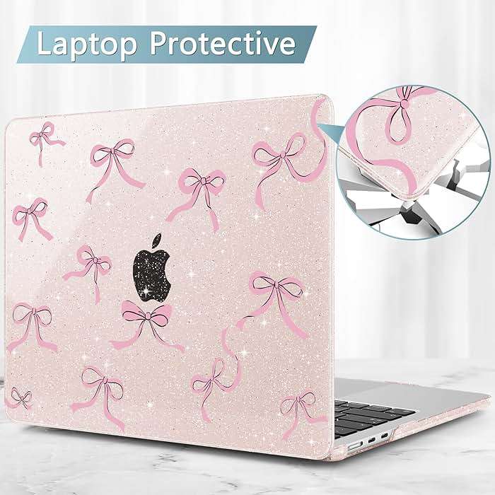 May Chen Case for MacBook Air 13/13.6 inch M5 A3449 M4 A3240 M3 A3113 M2 A2681, 2026 2025 2024-2022, Plastic Hard Shell with Keyboard Cover & Screec Protector, Sakura Pink Glitter Bow - Image 6