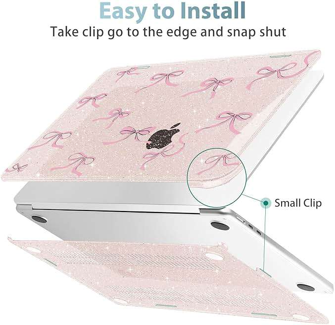 May Chen Case for MacBook Air 13/13.6 inch M5 A3449 M4 A3240 M3 A3113 M2 A2681, 2026 2025 2024-2022, Plastic Hard Shell with Keyboard Cover & Screec Protector, Sakura Pink Glitter Bow - Image 9