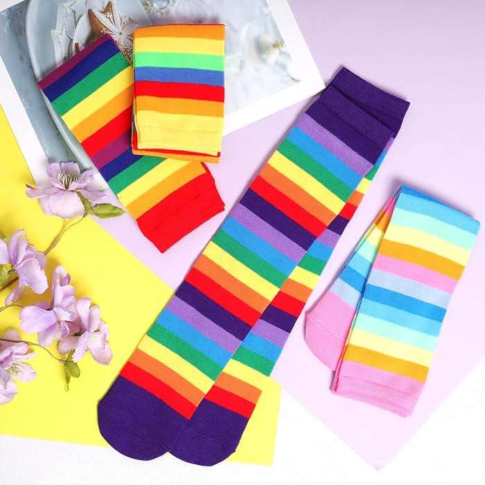 Sdfvsdg 4 Pairs Rainbow Striped Knee Calf Socks Colorful Striped Long Tube Stockings Knee Calf High Socks for Women Girls - Image 6