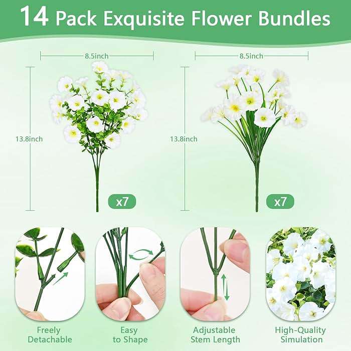 Yastouay Artificial Flowers for Outdoors, 14 Bundles Fake Outdoor Flowers, UV Resistant Artificial Plants & Flowers for Decoration, White Realistic Morning Glory for Outdoor Porch Garden Decoration - Image 2