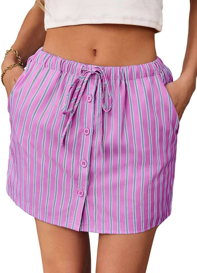 Fisoew Womens Summer Striped Mini Skirts Casual Drawstring Elastic Waist Button Cute Y2K Skorts Shorts - Image 1