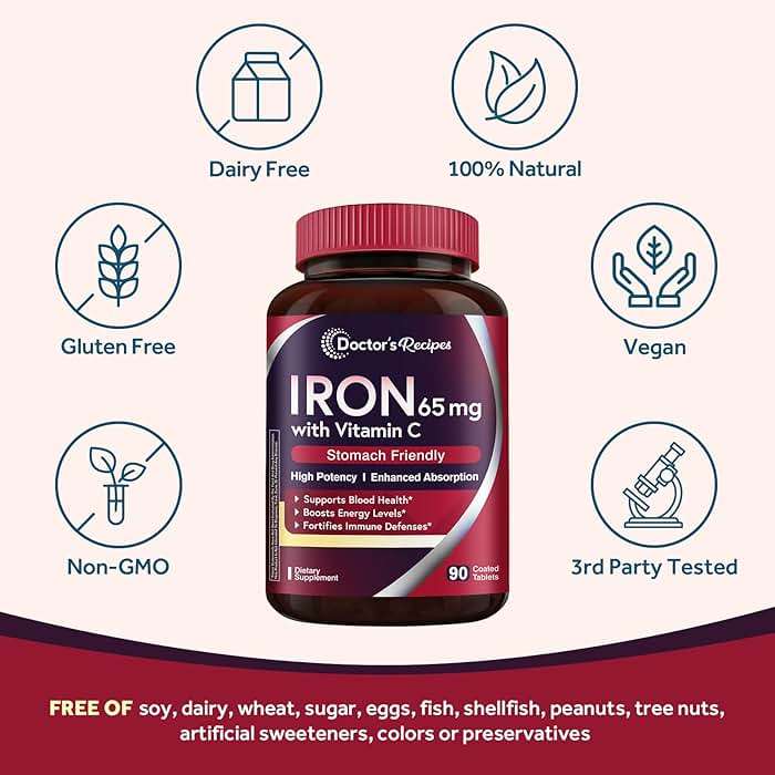 Doctor's Recipes Iron Supplement 65 mg with Vitamin C - Maximized Absorption & Stomach Friendly Iron Pills for Red Blood Cells Formation, Heart, Brain & Immunity Health - Vegan Non-GMO 90 Iron Tablets - Image 4