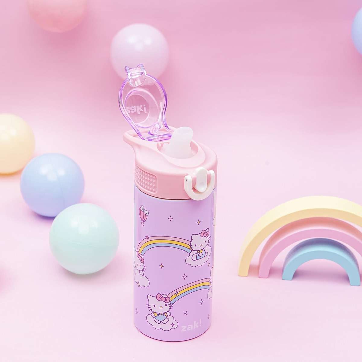 Zak Designs Sanrio Sage Kids Water Bottle For School or Travel, 14oz Stainless Steel Water Bottle With Straw, Handle, and Leak-Proof, Pop-Up Spout Cover (Hello Kitty) - Image 2